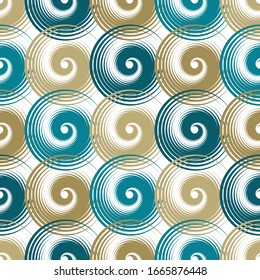 Spiral swirls complicated seamless pattern vector design. Round spiral scrolls, circle swirls geometric elements, curly vortex tiles. Cute swirl scrolls abstract background seamless pattern.