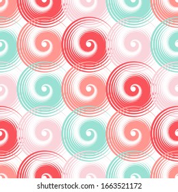 Spiral swirls creative seamless pattern vector design. Round spiral scrolls, circle swirls geometric elements, curly vortex tiles. Cute swirl scrolls abstract candy wrapping seamless pattern.