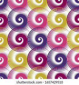La espiral gira en torno a un diseño vectorial sin fisuras. Deslizamientos de espiral redonda, rozamientos de círculo de elementos geométricos, baldosas de vórtice curvado. El moscón cutáneo desliza un patrón abstracto de envoltura de caramelos sin fisuras.