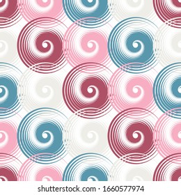 Spiral swirls decorative seamless pattern vector design. Round spiral scrolls, circle swirls geometric elements, curly vortex tiles. Cute swirl scrolls abstract candy wrapping seamless pattern.