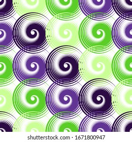 Spiral swirls decorative seamless pattern vector design. Round spiral scrolls, circle swirls geometric elements, curly vortex tiles. Cute swirl scrolls abstract candy wrapping seamless pattern.
