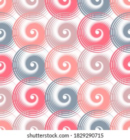 Spiral swirls decorative seamless pattern vector design. Round spiral scrolls, circle swirls geometric elements, curly vortex tiles. Cute swirl scrolls abstract candy wrapping seamless pattern.