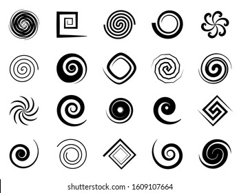 Spiral swirls. Speed circular symbol, twisted swirl elements, psychedelic hypnosis symbols, modern texture art logo vector radial geometric signs