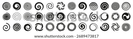 Spiral symbol collection in dynamic circular design. Variety of swirl and rotation patterns for motion, hypnosis and creativity themes