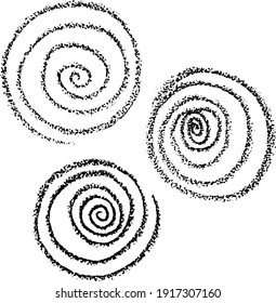 Spiral Symbol Hand Painted Crayon Set. Concentric Curvy Shape, Swirling Swash Isolated On White Background. Movement, Endless Time, Cycle Concept. Vector Illustration