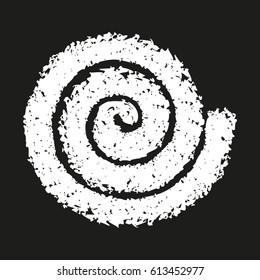 Spiral symbol hand painted crayon. Decorative graphic design element. Concentric curvy shape, swirling chalk swash on black background. Movement, endless time, cycle concept. Vector illustration