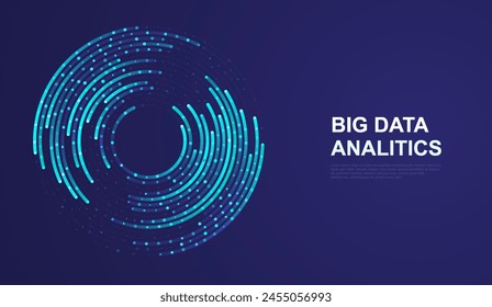 Spiral technology background of circular lines and dot connections. Abstract circle of glowing particles, big data transmission, internet network.
