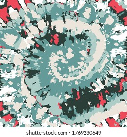 Spiral Tie Dye. Boho Pattern. Vector Tie Dye. Batik Brush. Hippie Boho Fabric. Watercolor Brush. Spiral Brush. Teal Ink Chinese Art. Psychedelic Art. Shirt Print. Red and Green Motif.