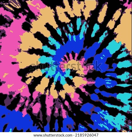 Spiral tie dye pattern. Hippie rainbow handmade ornament. Psychedelic tiedye swirl print. Watercolor artistic dyed design. Sixties spiral background. Shibori batic effect.