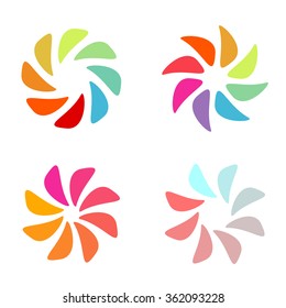 Spiral  tornado logo set. Designed collection of photo signs. Colorful graphic flowers. Summer sun sliced fruit. Warm colors.