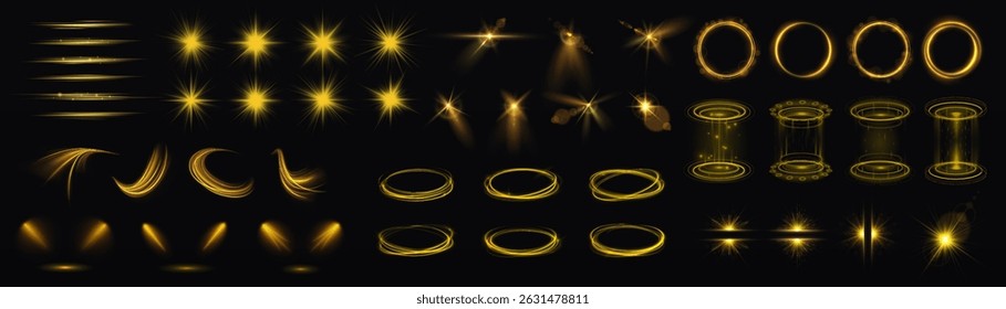 El rastro espiral con destello mágico y onda brillante crea un movimiento brillante de neón giratorio y destello de rayo para remolino de poder abstracto y flash de oro en el fondo con círculo de tornado brillante redondo