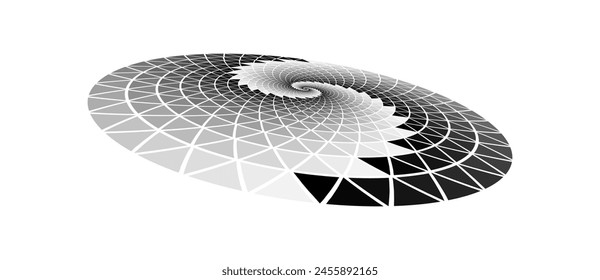 Spirale mit Dreiecken als dynamischer abstrakter Vektorgrafik-Hintergrund oder Logo oder Icon. Abstrakter Hintergrund mit kreisförmigen Dreiecken. Künstlerische Darstellung mit Perspektive. Yin und Yang Symbolkonzept.