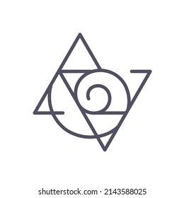 Spiral and Triangles geometric Logo depicting golden ratio. Four magic elements: water, earth, air, fire and energy. Editable stroke. Black and white