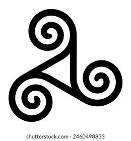 Spiral triskelion with hollow triangle in the center. Triskele, ancient symbol and motif of a triple spiral, exhibiting rotational symmetry, all three connected, forming an empty space at its center.