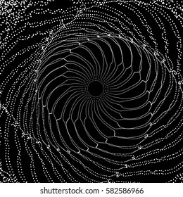Spiral. Tunnel. Array with Dynamic Particles. Futuristic Style. Cyberspace Grid. 3D Vector Illustration. 