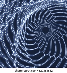 Spiral. Tunnel. Array with Dynamic Particles. Futuristic Style. Cyberspace Grid. 3D Vector Illustration.