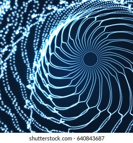 Spiral. Tunnel. Array with Dynamic Particles. Futuristic Style. Cyberspace Grid. 3D Vector Illustration.
