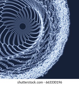 Spiral. Tunnel. Array with Dynamic Particles. Futuristic Style. Cyberspace Grid. 3D Vector Illustration.