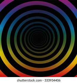 Spiral tunnel, rainbow colors, black gradient center, three-dimensional.