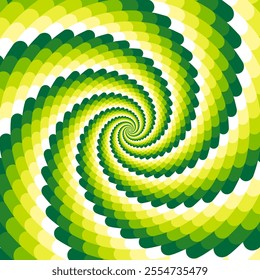 Spiral twist background, optical illusion of movement, opt art vector illustration, abstract geometric, psychedelic, flat design, no shadows, no effects. Green and yellow colors
