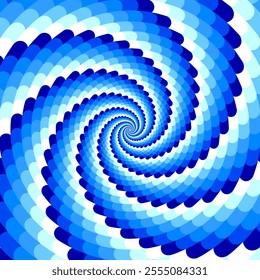 Spiral twist background, optical illusion of movement, opt art vector illustration, abstract geometric, psychedelic, flat design, no shadows, no effects. Blue and white colors