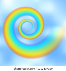 Spiral twisted rainbow in the blue sky among the light clouds. Rain bow vortex realistic vector illustration with mesh brushes included