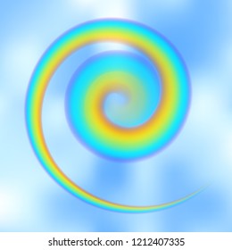 Spiral twisted rainbow in the blue sky among the light clouds. Rain bow vortex realistic vector illustration with mesh brushes included