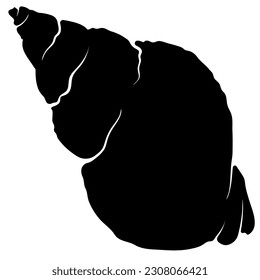 Spiral verdrehte Muschelseitenansicht Silhouette. Schwarze, handgezeichnete Vektorgrafik einzeln auf Weiß. Element für die Gestaltung von Fischladen oder Speisekarte, Dekoration, Etikett. Einfache, flache Symbolmarke für den Ozean