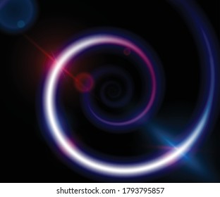 Spiral vector background with light color energy line on dark black background. Circular sound wave concept.