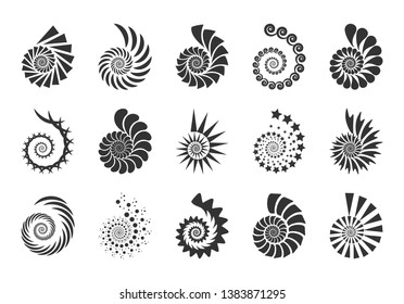 Spiral vector design elements. Abstract lines black and white. Swirl background. Set icons.