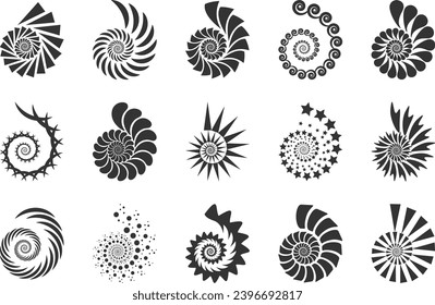 Spiral vector design elements. Abstract lines black and white. Swirl background. Set icons.