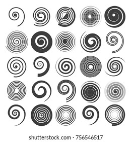 Vector de espiral. Formas giradas hipnóticas, iconos de gráficos vectoriales aislados en fondo blanco