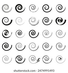 Spiral vector icons. Abstract swirl patterns. Geometric decorative shapes. Black and white design.