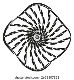 Spiral vector shape. Geometric swirl element. Curved abstract symbol. Black white contrast.