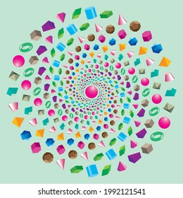 Spiral of volumetric geometrical colored shapes. Vector illustration