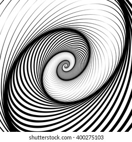 Spiral, volute background - Rotating radiating, concentric ellipse, oval shapes. Black and white pattern.