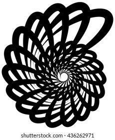Spiral volute, snail shape, element. Rotating, twirly abstract monochrome vector illustration. Circular curlicue, twisting lines.