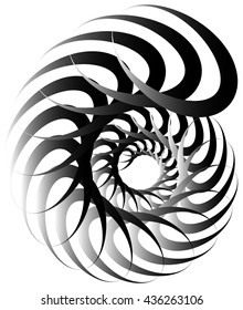 Spiral volute, snail shape, element. Rotating, twirling abstract monochrome illustration. Circular curlicue, twisting lines.