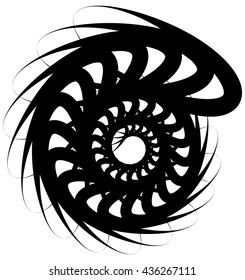 Spiral volute, snail shape, element. Rotating, twirly abstract monochrome vector illustration. Circular curlicue, twisting lines.