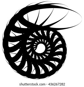 Spiral volute, snail shape, element. Rotating, twirly abstract monochrome vector illustration. Circular curlicue, twisting lines.