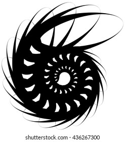 Spiral volute, snail shape, element. Rotating, twirly abstract monochrome vector illustration. Circular curlicue, twisting lines.