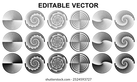 Vetor editável de linha circular de vórtice espiral. Coleção de forma de círculo espiral. Pacote de ícone de vórtice espiral.