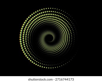 Vórtice espiral de pontos amarelos brilhantes sobre fundo preto, padrão de túnel radial abstrato com ilusão de profundidade, arte digital futurista para fundos e visualizações