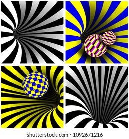 Spiral Vortex Set Vector. Vector. Optical 3d Art. Spiral Twisted Vortex Tunnel Shape. Tunnel Hole Effect. Rotation Dynamic Optical Effect. Swirl. Imagination Motion Background Illustration
