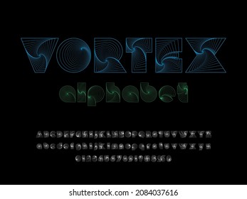 Spiral vortex style alphabet design with uppercase, lowercase, numbers and symbols