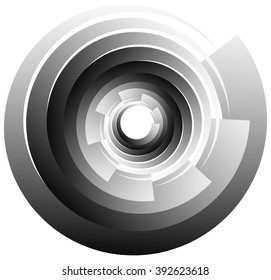 Spiral, vortex or volute element isolated on white. Rotating abstract shape with grayscale gradient.