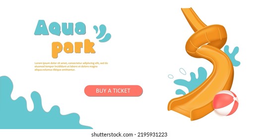 Spiral water slide with an inflatable ball and splashes. Design concept for aqua park web site, banner in cartoon style.