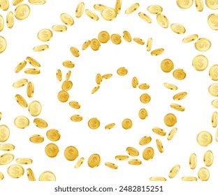 Spiral whirl of coins on white background. Gambling game, casino 3d golden cash. Background for jackpot win. Flying coins, or flying money. 3d realistic coins. vector