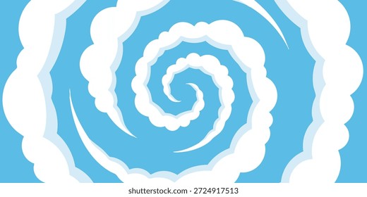 A spiral of white clouds against a blue background viewed from directly above
