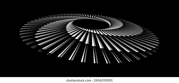 Spirale mit weißen Linien als dynamischer abstrakter Vektorgrafik-Hintergrund oder Logo oder Symbol. Abstrakter Hintergrund mit kreisförmigen Linien. Künstlerische Illustration mit Perspektive auf schwarzem Hintergrund.